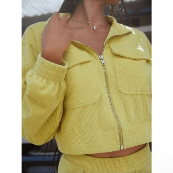 Aerie Neon Green Yellow Corduroy Full Zip Long Sleeve Bomber Jacket Sz M NEW - Picture 1 of 7